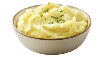 Bowl of mashed potatoes garnished with chives on transparent background