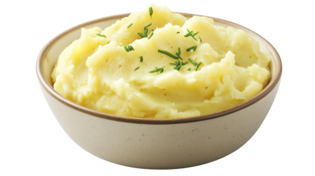 Bowl of mashed potatoes garnished with chives on transparent background
