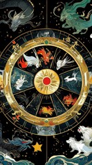 Obraz premium Celestial Zodiac Wheel Mythical Creatures, Astrology, Dark Background, Mystical Art.