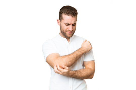 Young handsome blonde man over isolated chroma key background with pain in elbow