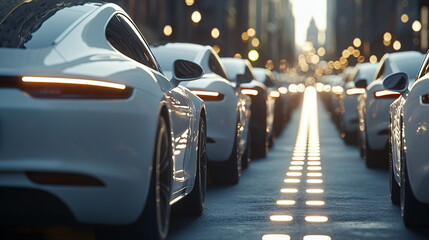 Naklejka premium White sports cars lined up on a city street illuminated by ambient lights, creating a vibrant evening atmosphere with a sense of motion and urban energy.