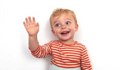 A joyful young child with bright eyes and a big smile is waving hello, radiating innocence and happiness, reflecting the pure joy of childhood.