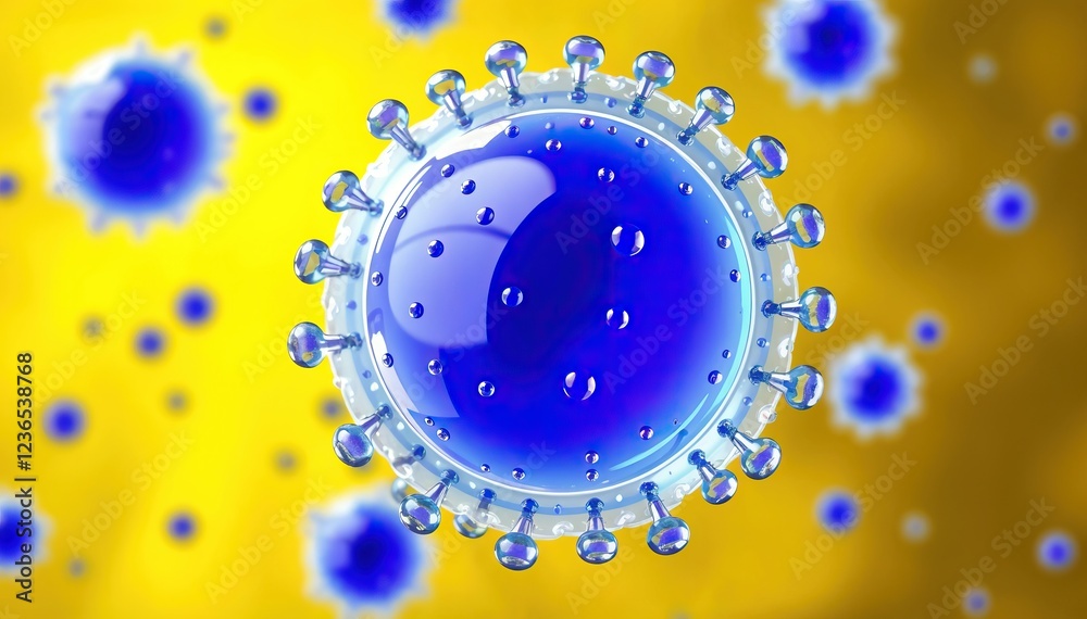 Poster microscopic view of virus particle surrounded by other viral entities against yellow backdrop