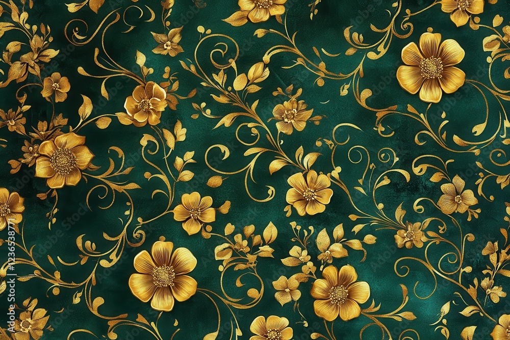 Poster elegant floral pattern with golden details on a rich green background showcasing intricate design an