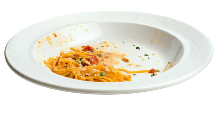 Leftover pasta with tomato sauce and parmesan cheese on white plate with transparent background