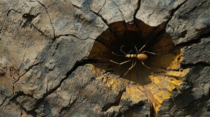 Ant exploring textured bark under soft natural light in a forest setting showcasing intricate details of nature during a sunny day