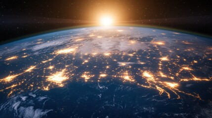 Obraz premium Stunning Aerial View of Earth During Sunrise Showcasing Bright City Lights and Ocean Surface with Beautiful Sun Rays Illuminating the Horizon