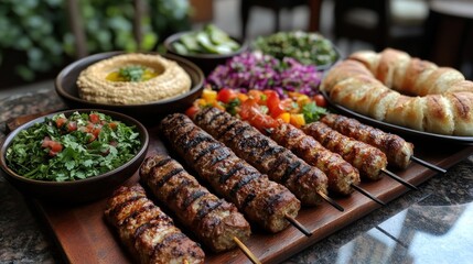 Obraz premium Grilled kebabs, mezze platter, outdoor restaurant