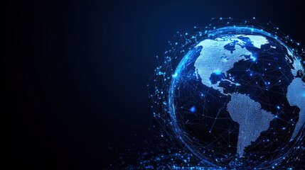 Fototapeta premium Digital Earth Globe with Connected Network Points in Dark Background, Futuristic Technology Visualization for Global Communication and Data Sharing