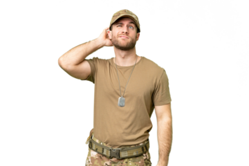 Military with dog tag over isolated chroma key background having doubts and with confuse face expression