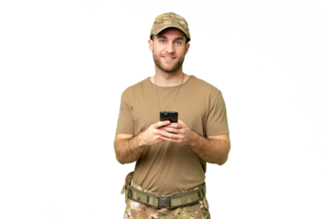 Military with dog tag over isolated chroma key background sending a message with the mobile