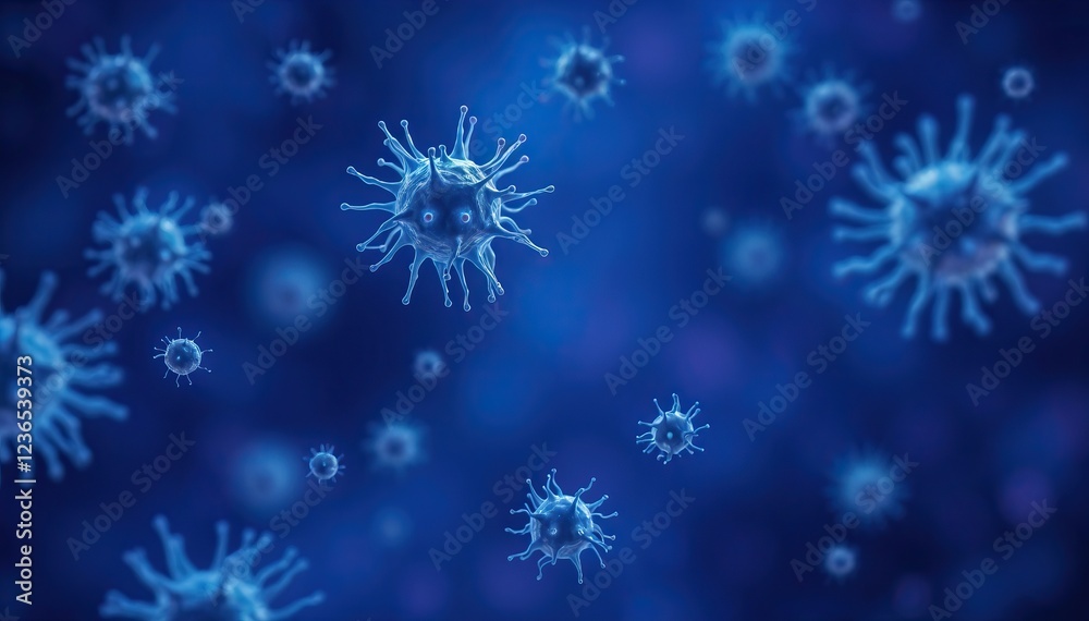 Poster microscopic view of numerous viruses illustrating complex structures and potential for infection