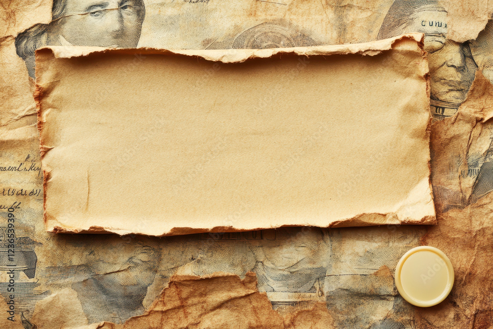 Poster torn vintage paper on a rustic wooden surface with a roll of tape beside it, suggesting a creative p