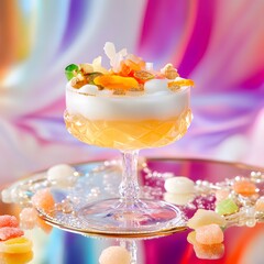 A trendy health-boosting mocktail shrub with ice and fresh fruit pieces, elegantly presented for a refreshing and vibrant drinking experience.