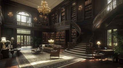 Grand library mansion interior, sunlit, reading