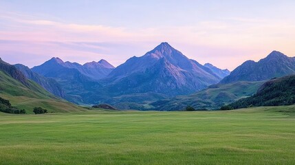 Naklejka premium Majestic mountain range at sunset, serene valley, peaceful landscape, travel poster