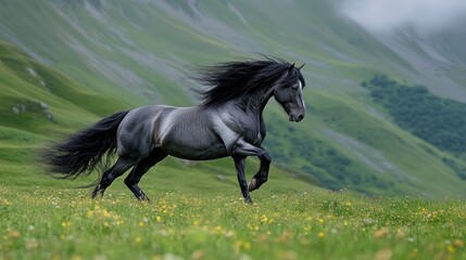 Obraz premium Majestic Black Horse Galloping Across Verdant Mountain Meadow