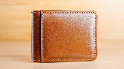 Elegant Brown Leather Money Clip on Wooden Surface: Close-up Product Photography