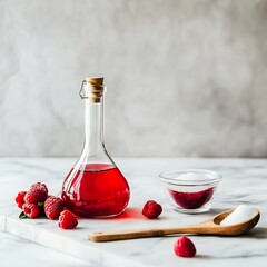 Homemade raspberry berry vinegar, crafted with fresh ingredients, highlighting its vibrant color, rich aroma, and natural artisanal quality.