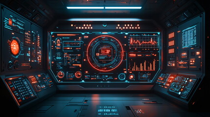 Fototapeta premium Futuristic control panel with glowing blue and orange lights featuring various data displays, graphs, and digital readouts set against a dark background.