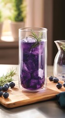 A trendy health-boosting mocktail shrub with ice and fresh fruit pieces, elegantly presented for a refreshing and vibrant drinking experience.