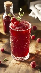 A trendy health-boosting mocktail shrub with ice and fresh fruit pieces, elegantly presented for a refreshing and vibrant drinking experience.