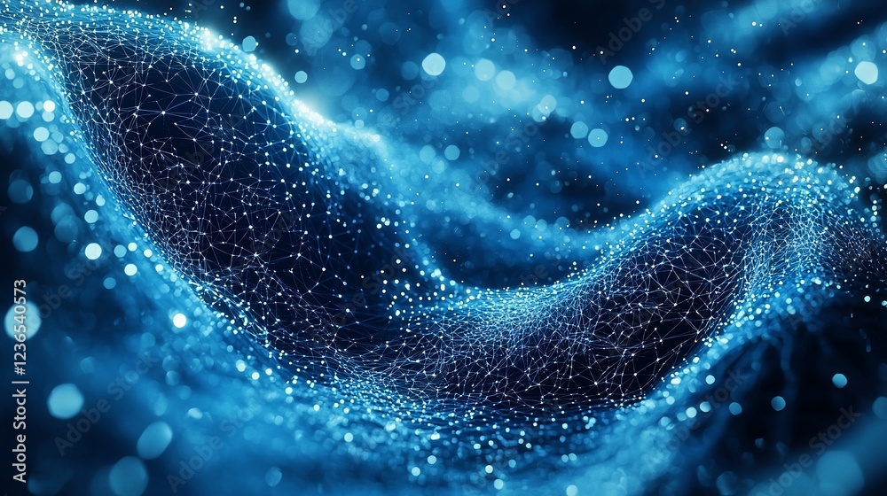 Poster abstract blue digital wave with glowing particles.