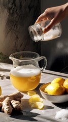 The process of making homemade ginger ale, highlighting fresh ingredients, natural fermentation, and a refreshing, bubbly result.