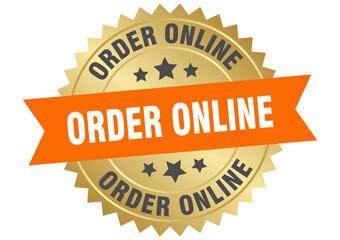 order online. order online round orange and gold label isolated on transparent background