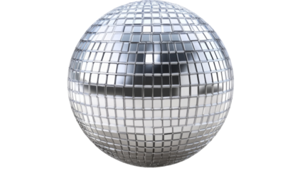 Rotating silver disco ball reflecting light on transparent background