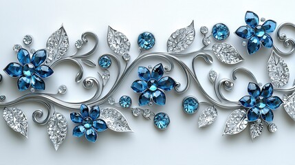 Silver filigree floral design with blue gems; white background; design element; website decor