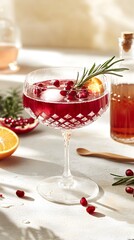 A trendy health-boosting mocktail shrub with ice and fresh fruit pieces, elegantly presented for a refreshing and vibrant drinking experience.