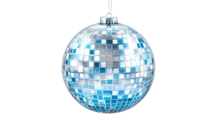 Shiny disco ball hanging, reflecting light on transparent background