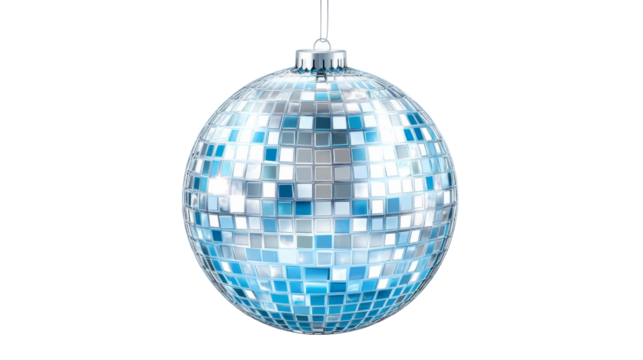 Shiny disco ball hanging, reflecting light on transparent background