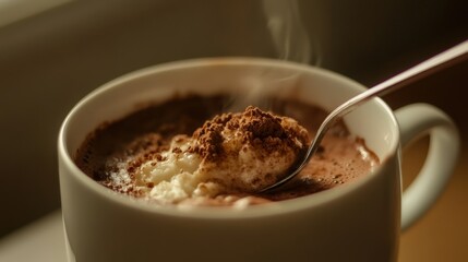 A warm cup of rich hot chocolate topped with whipped cream and a sprinkle of cocoa powder creates a cozy atmosphere perfect for indulgent moments.