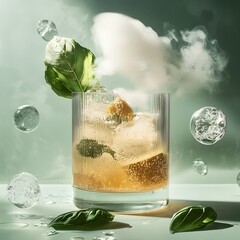 A trendy health-boosting mocktail shrub with ice and fresh fruit pieces, elegantly presented for a refreshing and vibrant drinking experience.