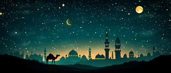 Naklejka premium Silhouette Of Camel And Mosque At Night Under Starry Sky.