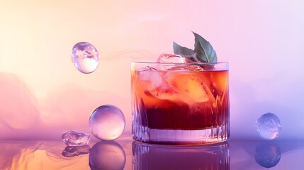 A trendy health-boosting mocktail shrub with ice and fresh fruit pieces, elegantly presented for a refreshing and vibrant drinking experience.