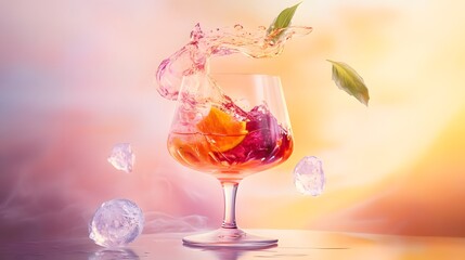 A trendy health-boosting mocktail shrub with ice and fresh fruit pieces, elegantly presented for a refreshing and vibrant drinking experience.