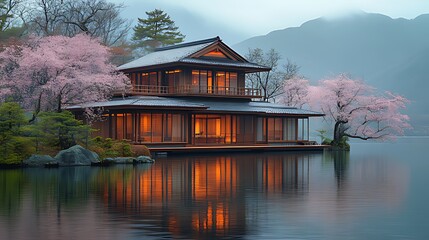 Fototapeta premium Illuminated Japanese house on a lake at dawn, surrounded by cherry blossoms and mountains.