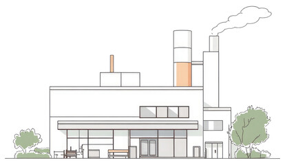 Modern Factory Building with Smoke Stack and Landscaping