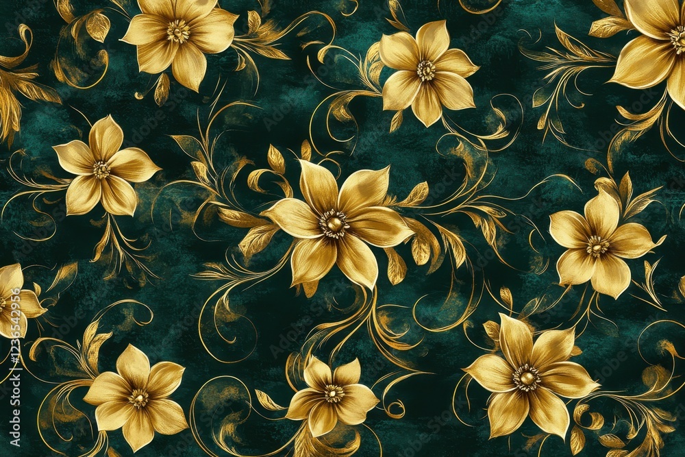Poster elegant floral pattern with golden details on a rich green background showcasing intricate design an