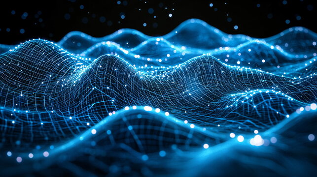 Waves of glowing blue light with a network of points and lines creating a digital landscape against a dark background, resembling abstract data visualization or technology. - Powered by Adobe