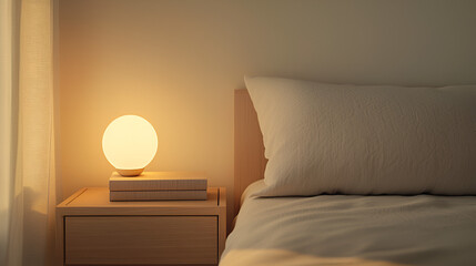 Soft light illuminates a bedroom's calm ambiance. A bedside table holds a book and a glowing orb lamp.