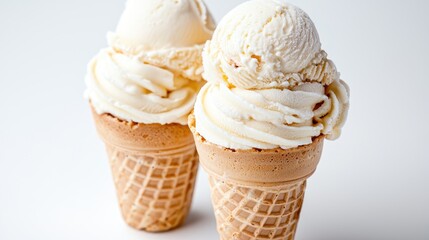 Two vanilla ice cream cones on white background; summer treat