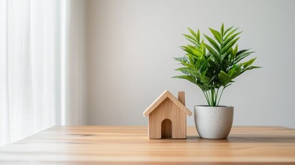 Fototapeta premium Modern wooden table with house shaped decor and potted plant