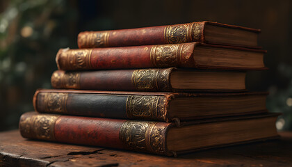 Naklejka premium Stack of Vintage Leather-Bound Books with Gold Embossing on Old Wooden Surface in Warm Light