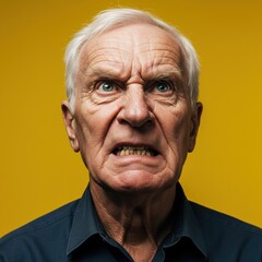 Obraz premium Angry elderly man expressing frustration against vibrant yellow background