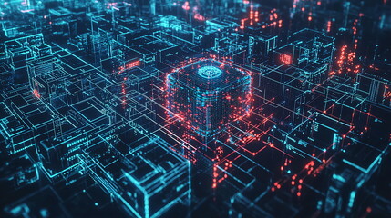 Obraz premium Digital city skyline with glowing neon lines and data points, representing a futuristic urban landscape filled with interconnected buildings and technology.