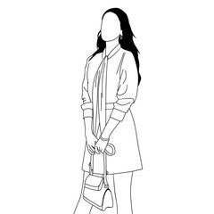 Minimalistic black and white illustration of a woman with long hair holding a handbag, showcasing a fashionable modern look with stylish attire, emphasizing elegance and simplicity in design.